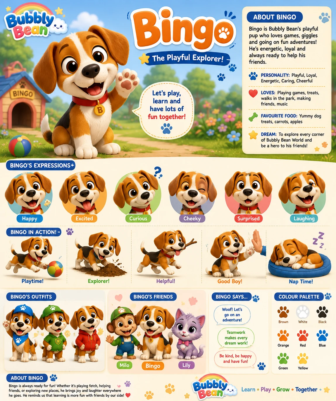 Bingo full character guide with expressions, action poses, outfits and friends