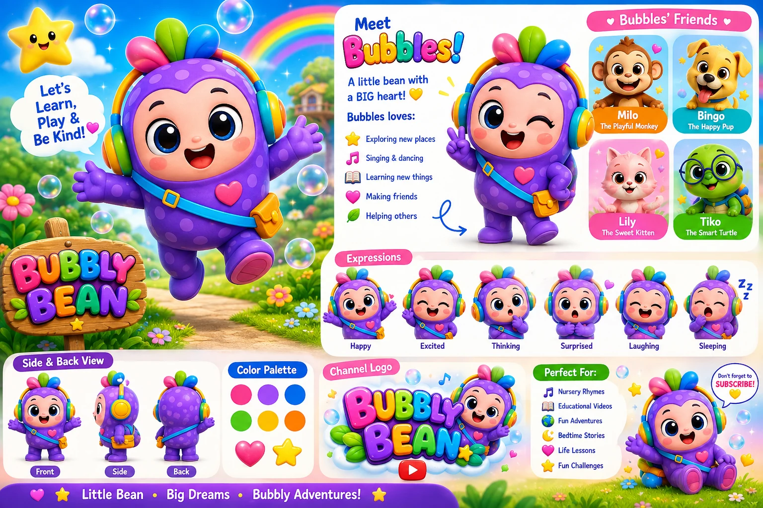 Bubbles full character guide with expressions, poses, friends and brand artwork