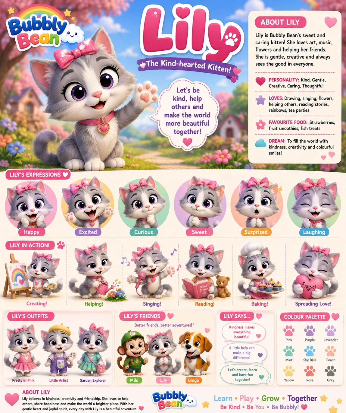 Lily full character guide with expressions, activities, outfits and friends