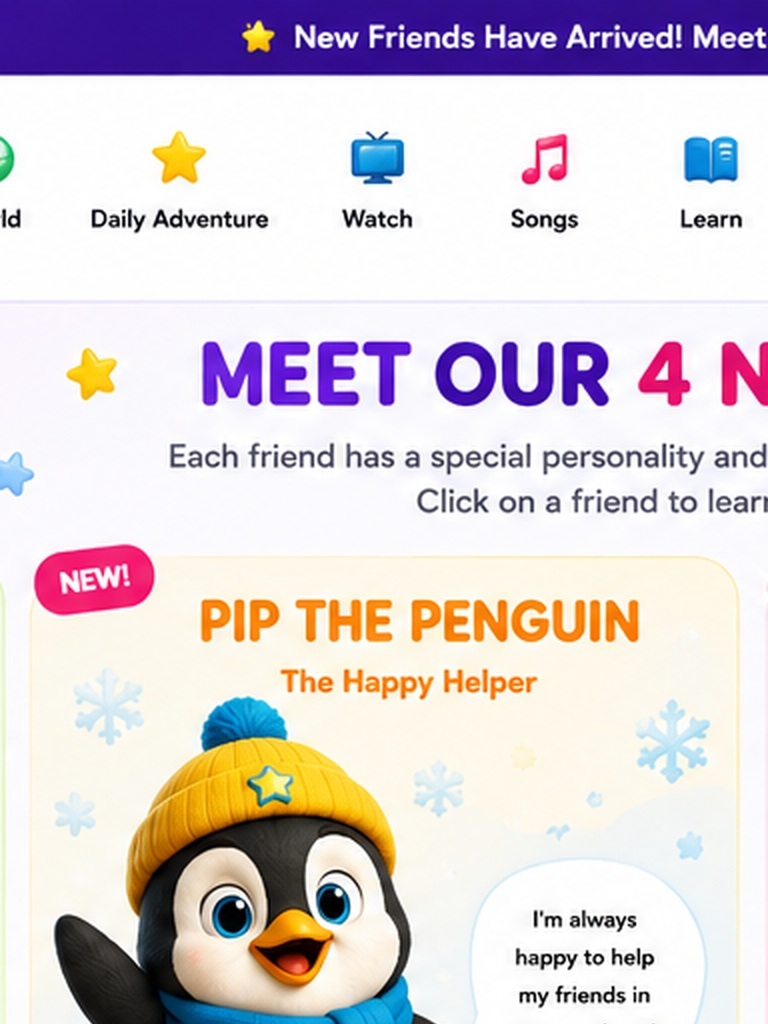 Pip the Penguin full character showcase with expressions and activities