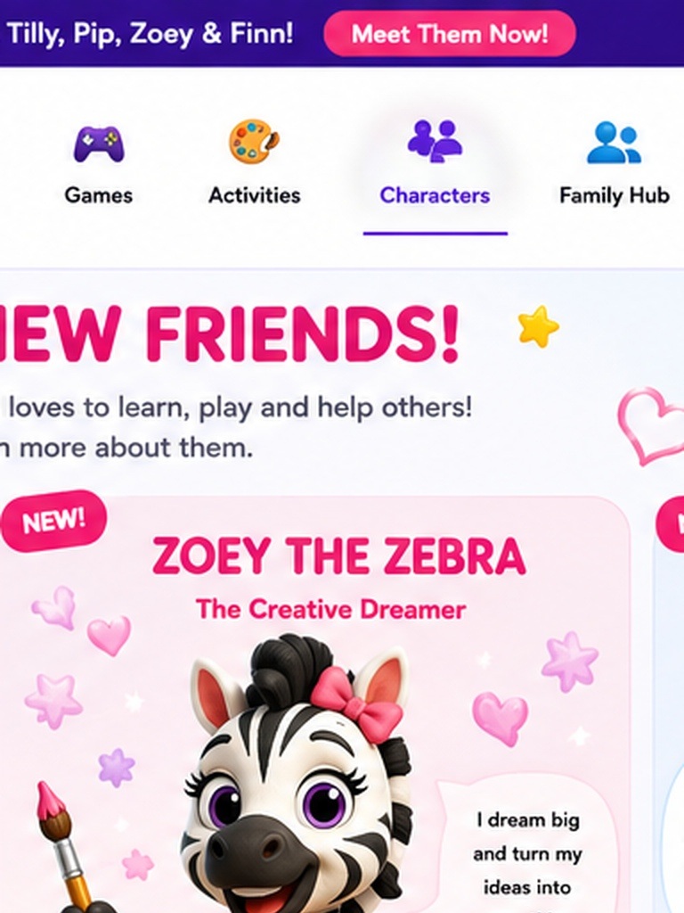 Zoey the Zebra full character showcase with expressions and activities