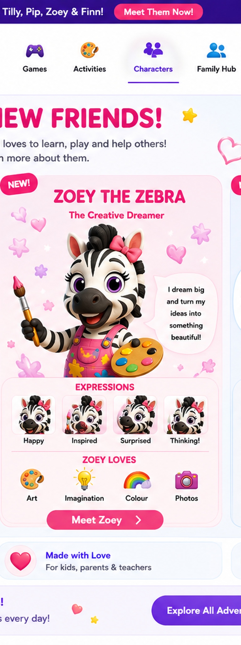 Full Zoey character guide showing character artwork, expressions, personality and activities